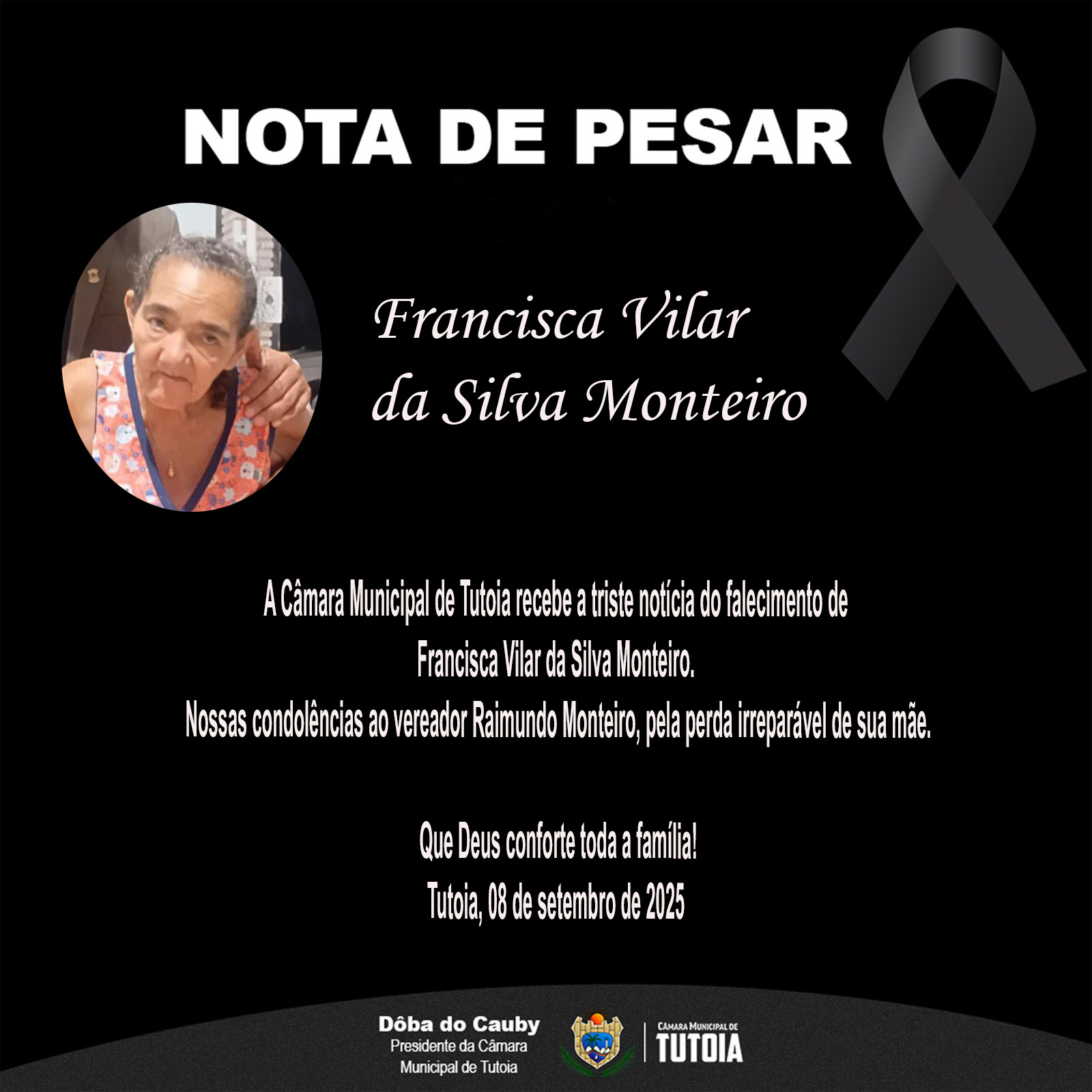 Nota de pesar pelo falecimento de Francisca Vilar da Silva Monteiro